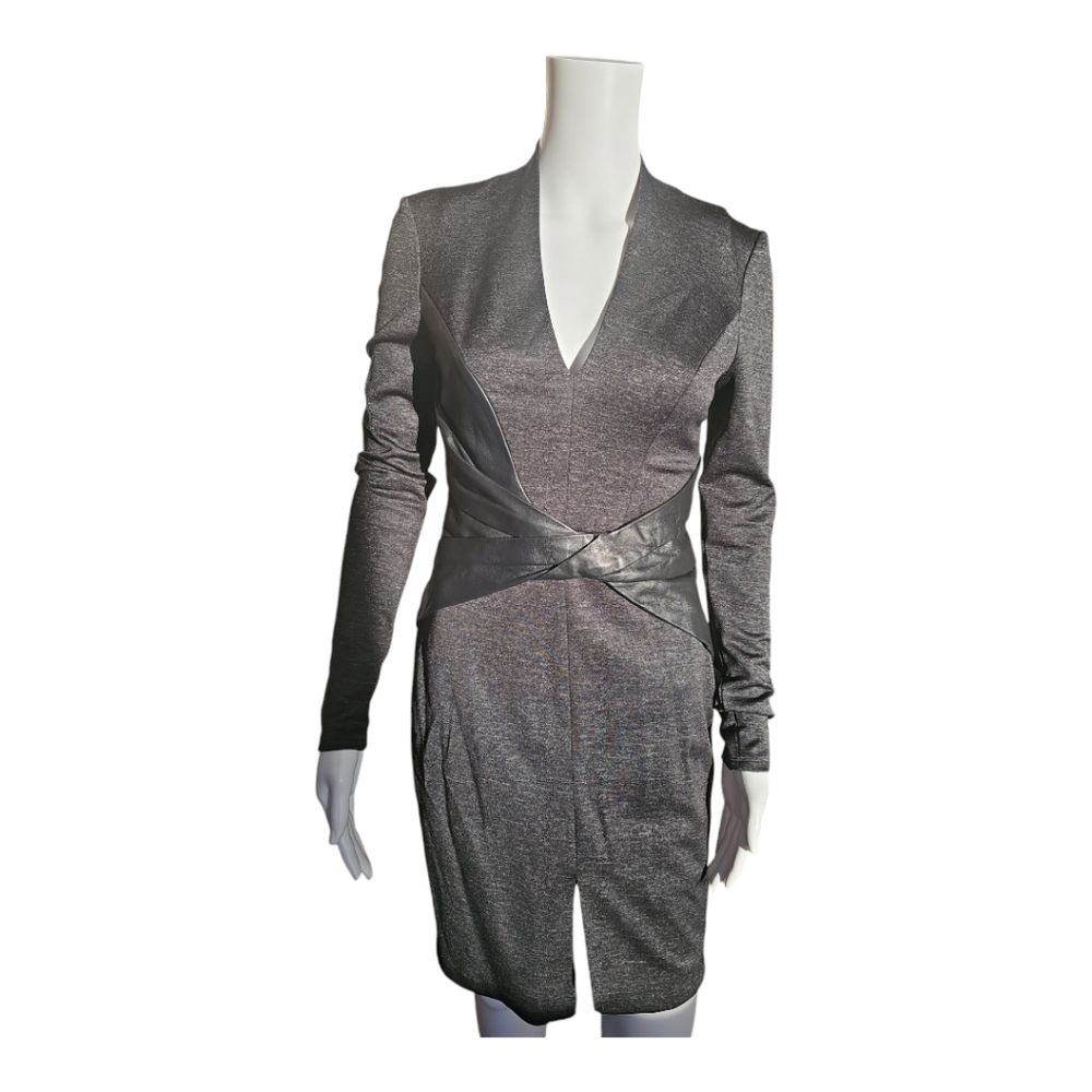 Halston Heritage: V-Neck, Wrap Dress w/ Leather Waist, Long Sleeve in Gray